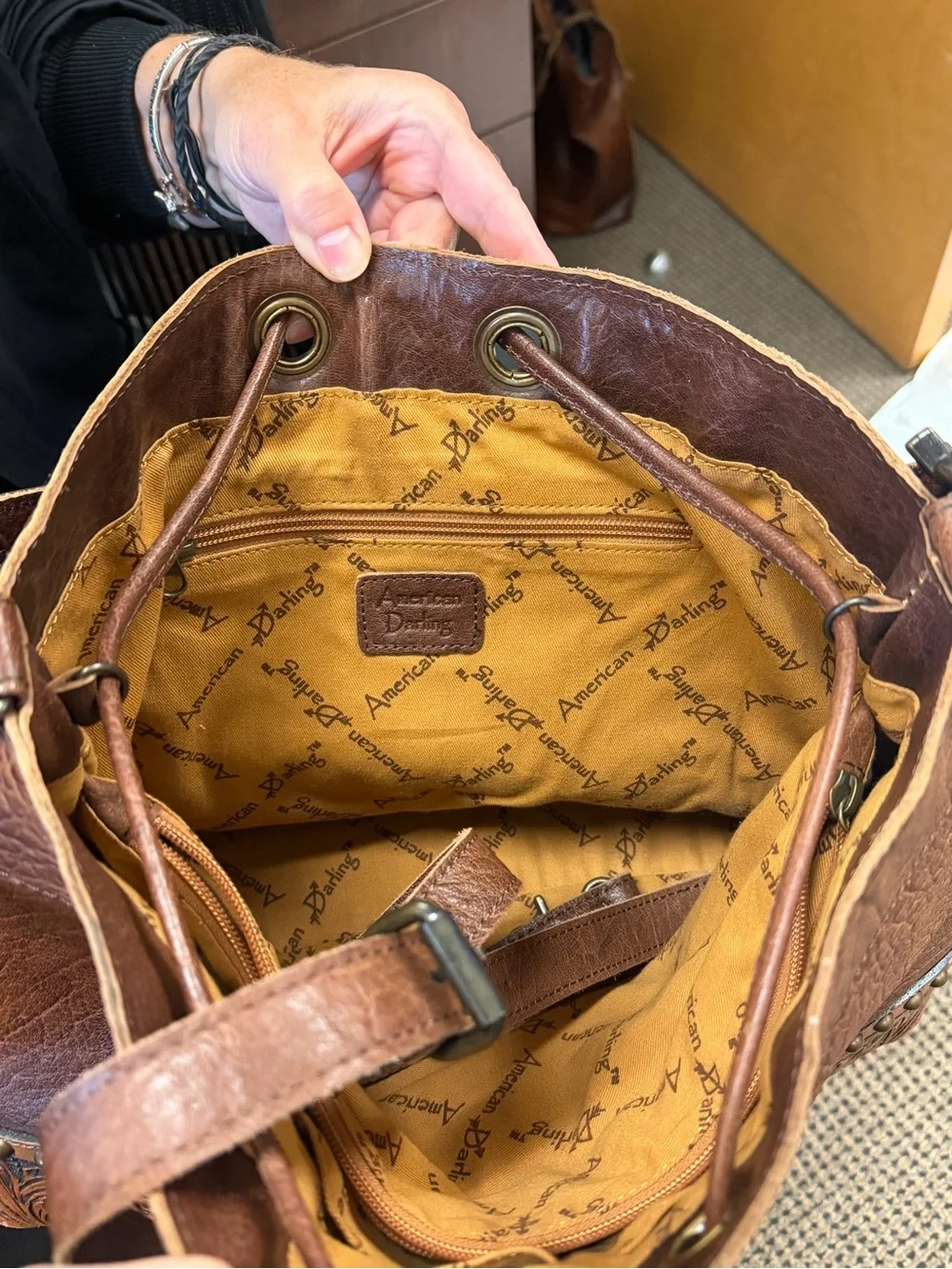 American Darling Brown Leather Patch Tote with Mustard Lining